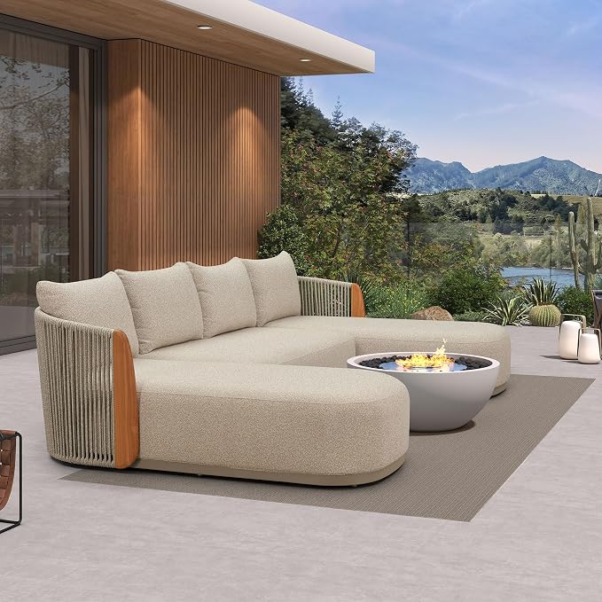 PURPLE LEAF Patio Furniture Set 3 Pieces Patio Seating Sofas Furniture Outdoor Couch Sectional Set with Armchair Genuine Teak Olefin Fabric 9" Thick Backrest Patio Conversation Sets