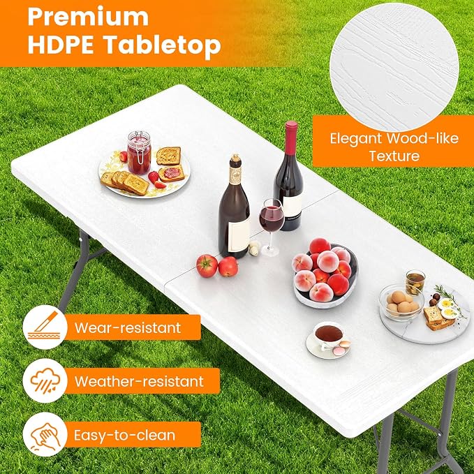 Giantex 5 FT Folding Table, HDPE Foldable Dining Table for 6, Indoor Outdoor Use for Party Banquet Wedding Picnic Camping BBQ, Fold-in-Half Portable Space Saving Design (White)