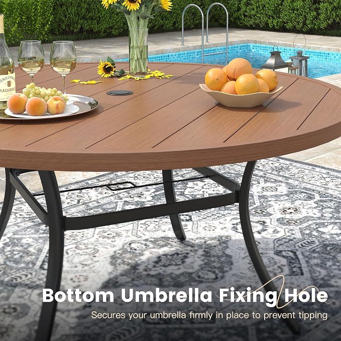 VICLLAX 60" Outdoor Round Patio Dining Table for 8-10, All Weather Metal Dining Table with Umbrella Hole for Deck Lawn Garden Backyard, Walnut