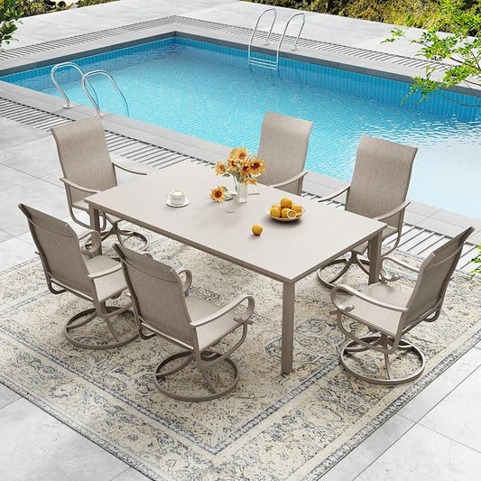 DIFY 7 Pieces Outdoor Patio Dining Set for 6, Swivel Dining Chairs with Sandshell Textilene and 63" Sandshell Rectangle Metal Dining Table, Outdoor Table and Chairs for Lawn Garden Backyard Deck