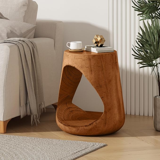 Christopher Knight Home Novi Outdoor Side Table, Hollow Round-shaped Decorative Accent Side End Table, Garden Stool for Patio Balcony Beach Pool, Lightweight Concrete, Wood-Like Texture, Antique Brown
