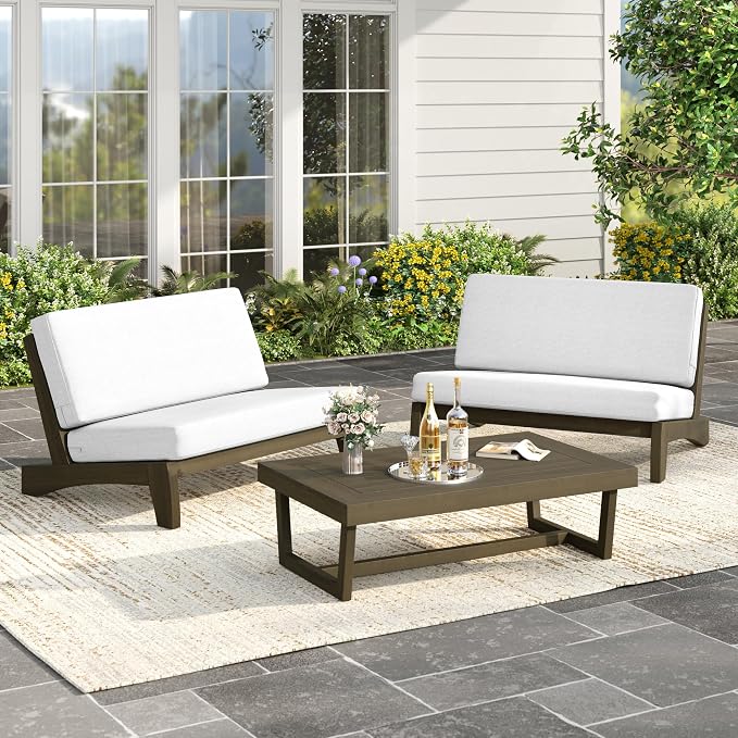 Wood Patio Furniture Sets, 3 Pieces All Weather Patio Loveseat Sofa Outdoor Sectional Futniture Backyard Conversation Set with Solid Wooden Coffee Table - Beige