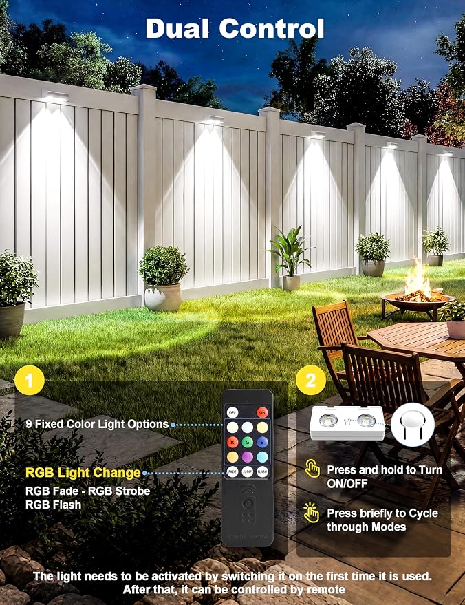 JOFIOS Fence Lights Solar Powered with Remote, 9 Fixed Colors ＆ Color Changing White Fence Lights Waterproof IP65 Dusk-to-Dawn LED Deck Lighting for Patio, Railing, Pool, Porch, Backyard, 12 Pack