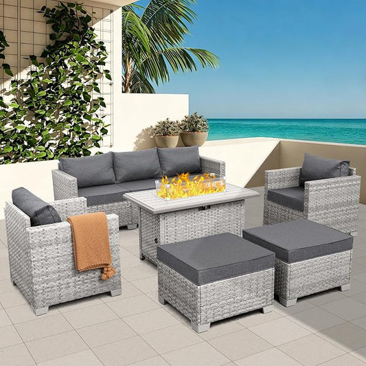 WAROOM Patio Furniture Set 6 Piece PE Rattan Outdoor Conversation Sets Grey Wicker Couch Sectional Sofa with Fire Pit Table and Grey Cushion