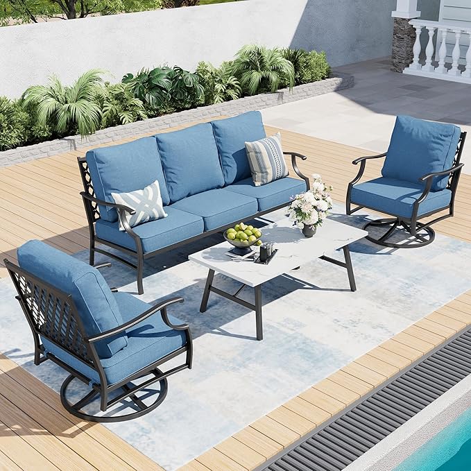 SUNSHINE VALLEY 4 Piece Metal Outdoor Patio Furniture Set, Patio Conversation Sets 1 3-seater Sofa, 2 Swivel Chair with 5.75" Extra Thick Cushion and Coffee Table, Black Frame Backyard Furniture, Navy