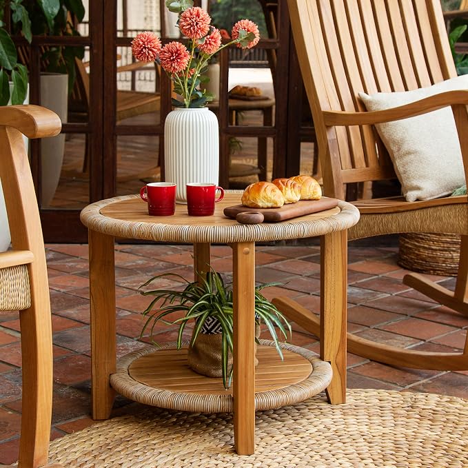 Cambridge Casual Seaside Outdoor Side Table, Natural Teak/All-Weather Wicker