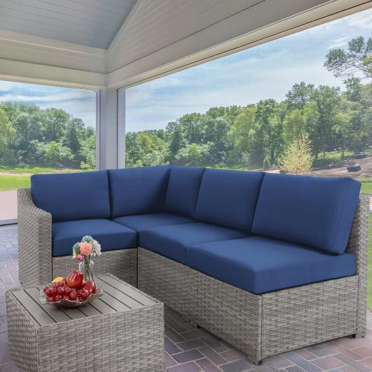 HAPPATIO 5 Piece Patio Conversation Set,All-Weather Patio Furniture Set,Outside Patio Furniture,4 Piece Outdoor sectional,PE Rattan Wicker Outdoor Sectional Sofa.(Grey/Blue)