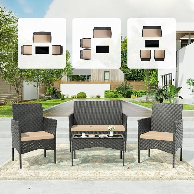 Kullavik 4 Pieces Outdoor Patio Furniture Set,PE Wicker Rattan Chairs Garden Conversation Sets with Tempered Glass Table and Soft Cushions for Lawn,Pool or Backyard,Sand
