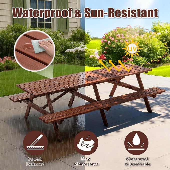 12 Person Outdoor Wooden Picnic Tables with Benches for Patio Garden Backyard Large Outside Dining Table Set with Umbrella Hole
