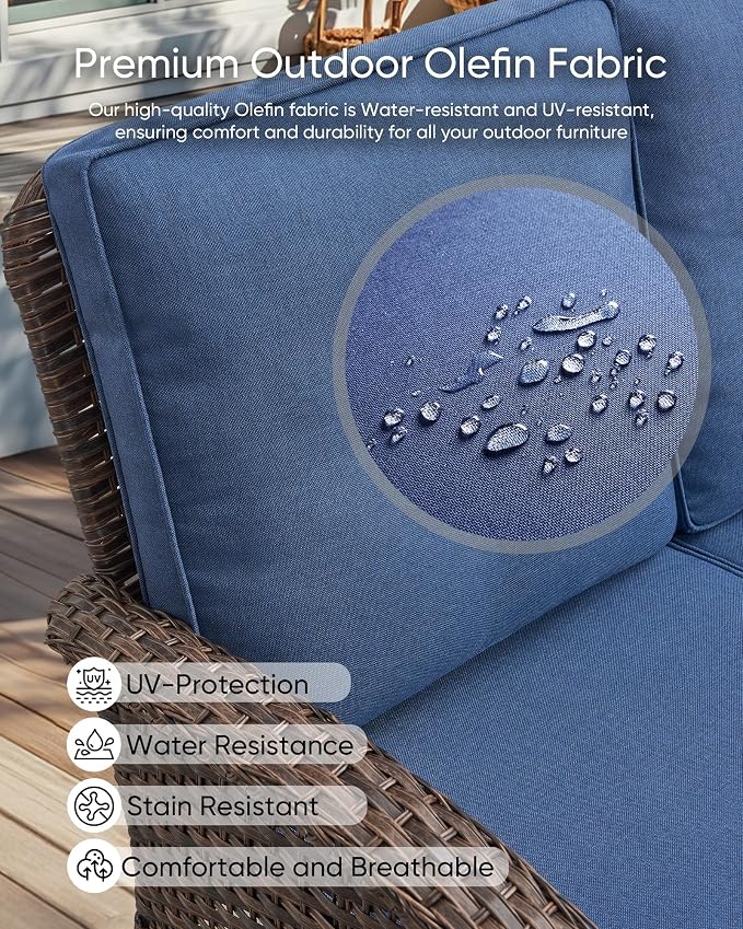 HUMMUH Outdoor Patio Couch with Thick Cushions Patio Sofa for Deck Lawn Porch Balcony Poolside-Brown/Blue