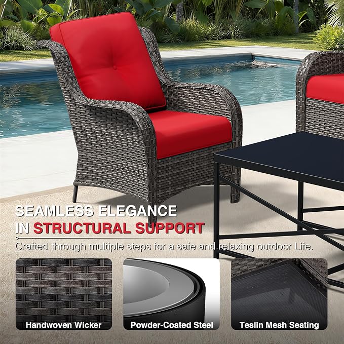Joyside 4 Piece Wicker Patio Furniture Set, Rattan Patio Chairs with High Back, Deep Seating, Wide Armrest, Thickened Cushions, Outdoor Furniture for Deck, Porch Use