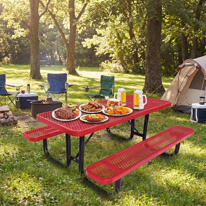 Heavy Duty Picnic Table for Outdoor 1400 lbs Load All Metal Camping Table with Umbrella Hole up to 1.5", Rectangle Dining Table for Commercial Picnic Table with Benches, Red