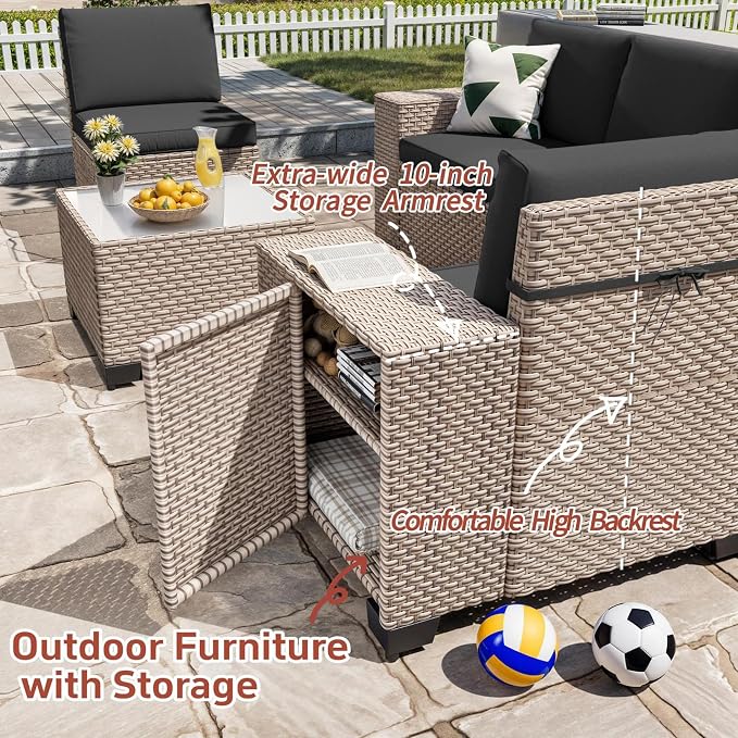6 Pieces Patio Furniture Set, Outdoor Sectional Wicker Sofa with Thickened Cushions and Coffee Table, High Back Rattan Patio Conversation Sets for Garden Backyard, Black