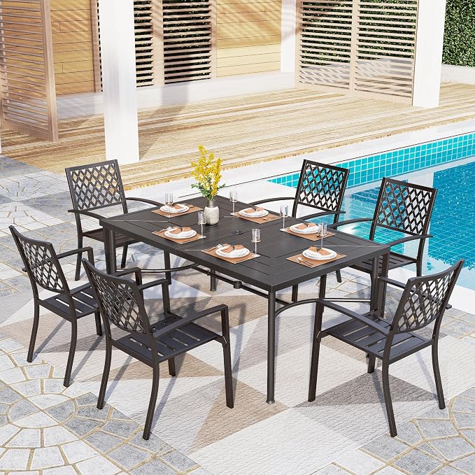 PHI VILLA 7 Pcs Outdoor Dining Set,Rectangular Metal Table& Stackable Chairs