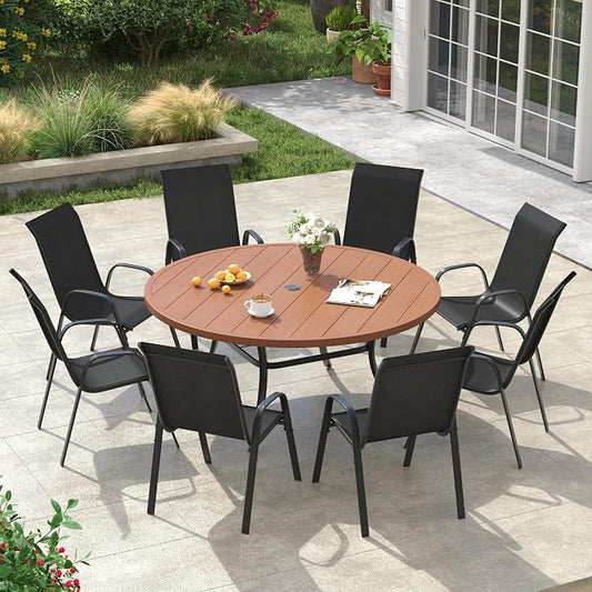 VICLLAX Round Patio Dining Set for 8, Metal Slatted Patio Table with Umbrella Hole and Stackable Patio Chairs for Deck Lawn Garden, Black Fabric and Walnut Tabletop