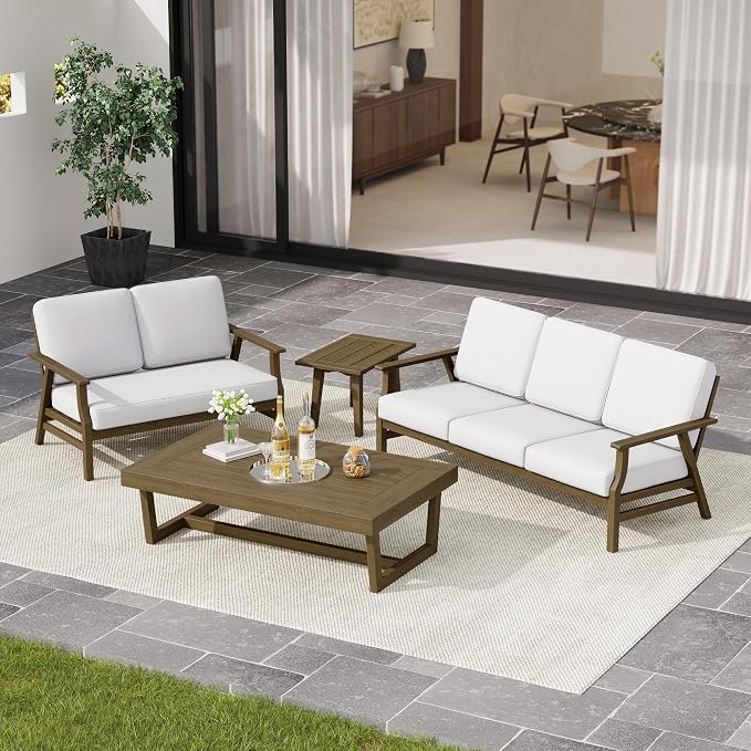 3 Pieces Patio Furniture Sets, Teak Wood Outdoor Sectional Furniture with Coffee Table, 5 Seats Patio Sofa Couch Conversation Set for Backyard Deck - Beige