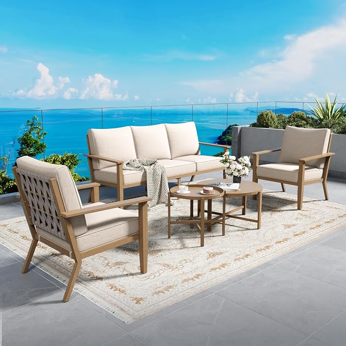 SUNSHINE VALLEY Patio Conversation Set,5 Pcs Metal Outdoor Furniture with 3-Seater Sofa,2 Single Chairs,Metal Nested Table and 5.75" Extra Thick Cushion for Lawn Garden Backyard,Beige