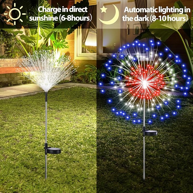 Tujoe 8 Pcs 4th of July Solar Firework Stake Lights 180 LED 8 Modes Solar Waterproof LED Sparkler Lights Outdoor Patriotic Decor for USA Anniversary Garden Patio Yard Pathway (Red White Blue)