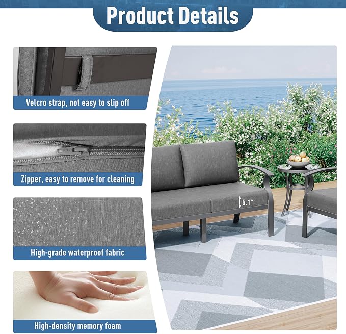 Kurapika Aluminum Patio Furniture Set 10-Seat Modern Metal Outdoor Conversation Sets w/Swivel Rocking Chairs Patio Sectional Sofa w/5.1 Inch Cushion with Rectangular Coffee Table, Grey