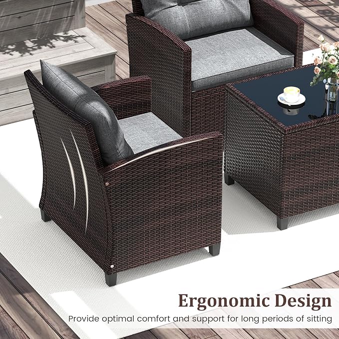 3 Pieces Wicker Patio Furniture Set, Outdoor Sofa Set with Water-Resistant Cushion & Tempered Glass Table, Outdoor Conversation Set Bistro Set for Garden, Balcony, Poolside(Gray)
