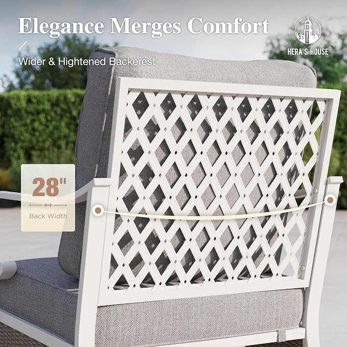 HERA'S HOUSE 4-Piece Patio Furniture Set with Metal & Rattan Design, 2 Rocking Chairs, 2-Seat Lover Sofa & Marble Coffee Table, All-Weather Outdoor Conversation Set for Garden Backyard, Grey