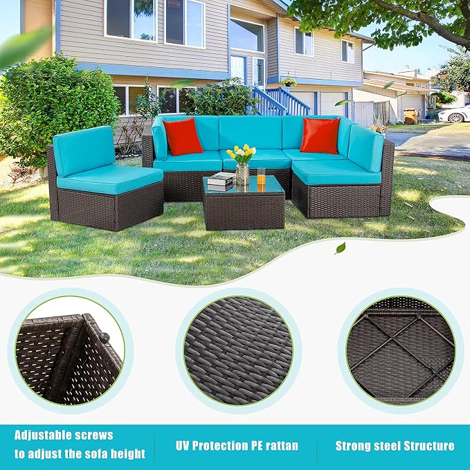 Vongrasig 6 Piece Small Patio Furniture Sets, Outdoor Sectional Sofa All Weather PE Wicker Patio Sofa Couch Garden Backyard Conversation Set with Glass Table,Blue Cushions and Red Pillows (Blue)