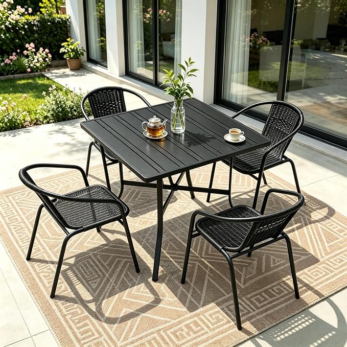 8 Pack Black Stackable Outdoor Rattan Chairs, All-Weather Patio Seating for Balcony Porch Lawn, Small Patio Furniture Set for Front Porch Decor & Outdoor Spaces