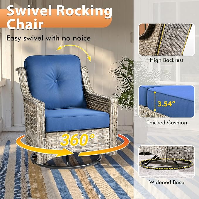 6 PCS Outdoor Patio Furniture Sets,Patio Conversation Sets Outside Rattan Soft Cushion Sofa with 2 Wicker Rocking Chairs & 54 in Fire Pit Table Fit Backyard Porch Garden Poolside Balcony,Navy Blue