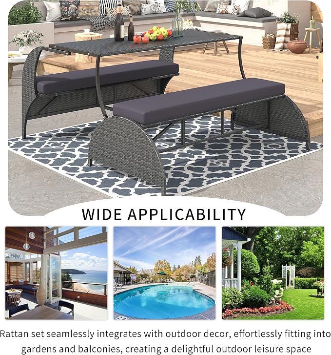 Convertible Bench Table Outdoor, 57.1" 2-in-1 Outdoor Loveseat Transforms to 4-Seat Folding Picnic Table, HDPE Wicker Iron Frame Portable Patio Furniture for Garden Backyard Lawn, Gray