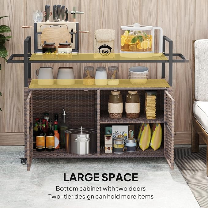 Outsunny PE Rattan Outdoor Storage Cabinet, Wicker Outdoor Bar Table Kitchen Island with Wheels & 2-Tier Shelf, Patio Serving Cart with Glass Top, Handles, Towel Racks for Poolside, Mixed Brown