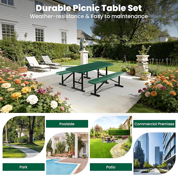 6FT Outdoor Metal Picnic Table with 2 Benches,Heavy Duty Rectangular Picnic Table Set for Outside, Waterproof Commercial Restaurant Table Furniture for Park, Campfield, Patio, Garden, Yard