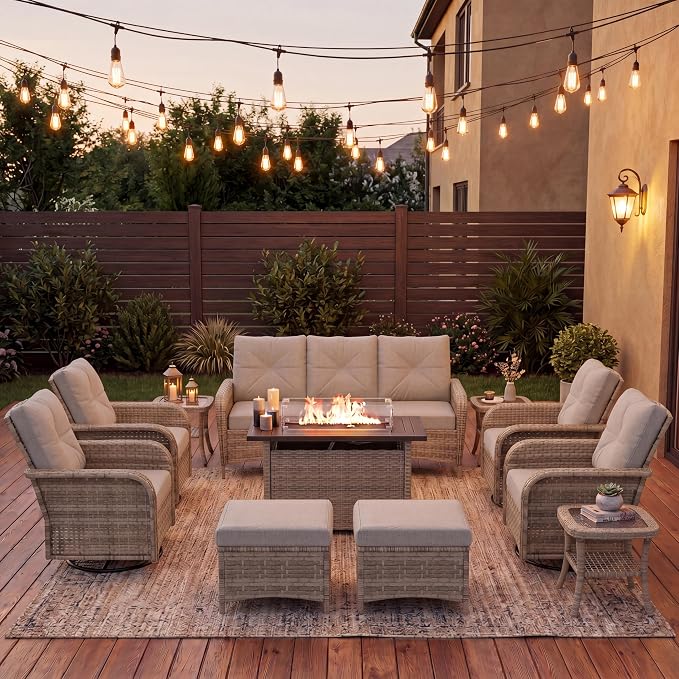 LazySunsets 12 Piece Outdoor Patio Furniture Set with 44'' Fire Pit Table, Wicker Rattan Outdoor Furniture with High Back Swivel Rocker Chairs, Outdoor Sofa Set with Thick Cushions & Ottoman, Grey