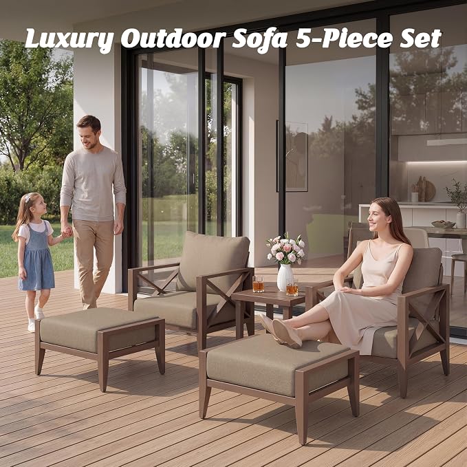 Aluminum Outdoor Patio Furniture Set with 5.2" Thick Cushions, 11-Piece Outdoor Sectional with Ottomans, Patio Conversation Sets for Backyard,(Brown,5 Seats)