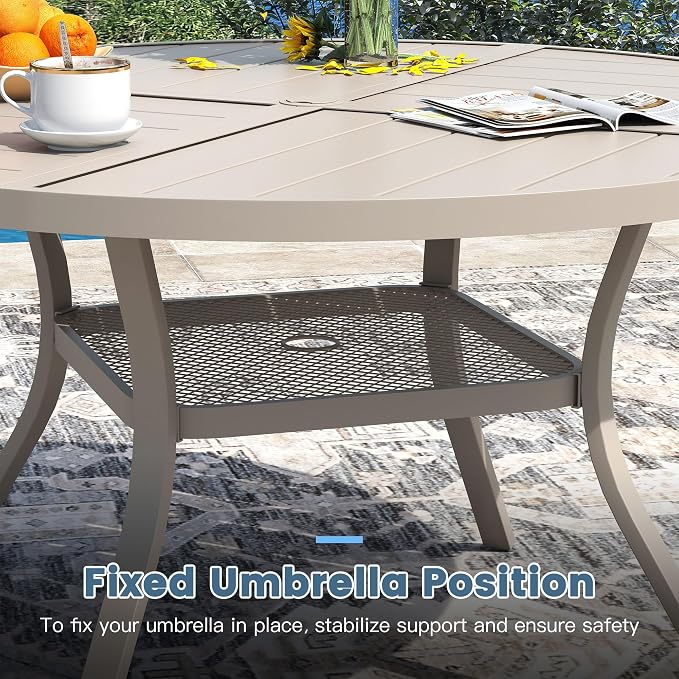 DIFY Patio Dining Set for 4, 5 Piece Outdoor Table and Chairs Set, 40.6" Round Metal Patio Dining Table and 4 Textilene Stackable Patio Chairs, for Backyard Garden Poolside, Sandshell