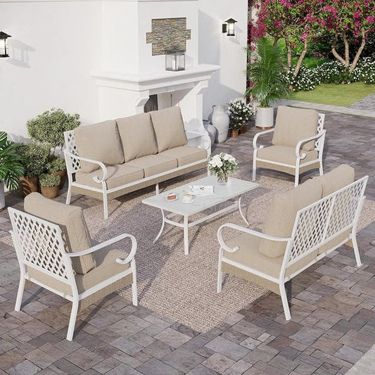 SUNSHINE VALLEY 6 Piece Metal Outdoor Patio Furniture Set, Patio Conversation Set 1 3-Seater Sofa, 2-Seater Sofa, 2 Fixed Chair with 5.75" Thick Cushion & Coffee Table White Backyard Furniture, Beige