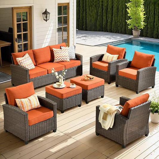 ovios 7 Pieces Patio Furniture Set, Outdoor Wicker Sofa Couch with 4 Chairs Comfy Cushions, All Weather Brown Rattan Conversation Set for Backyard Deck Porch, Orange Red