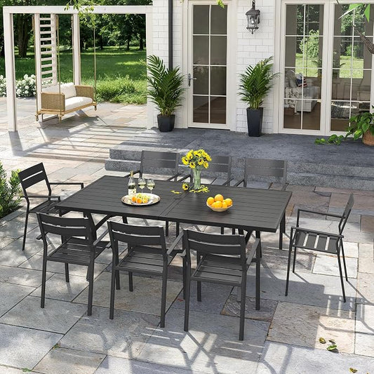 VICLLAX Patio 9 Pieces Outdoor Dining Set for 8, 70" Outdoor Rectangular Metal Dining Table with Umbrella Hole, 8 Stackable Chairs for Lawn, Garden, Porch, Black