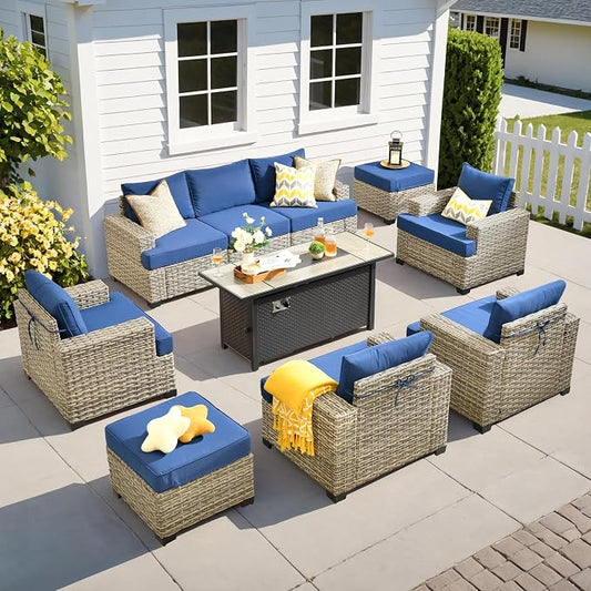 10 Pcs Outdoor Sectional Patio Furniture Set with Fire Pit Table - All Weather Wicker Modular Outside Sectional Couch,Patio Seating Outdoor Conversation Sets for Deck Yard Garden,Navy Blue