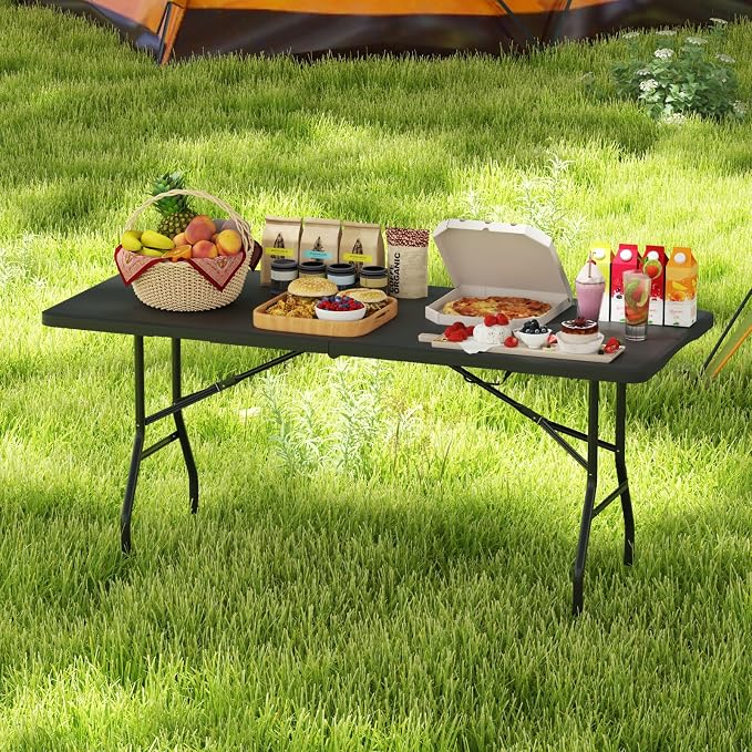Tangkula 6 FT Folding Table, Indoor Outdoor Foldable Plastic Table with HDPE Tabletop, Sturdy Metal Fame, Carrying Handle, Heavy Duty Portable Fold-in-Half Picnic Table for Camping BBQ Party