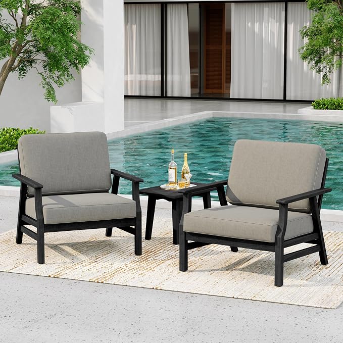 3 Piece Wood Patio Chair Outdoor Bistro Set, Outdoor Armchair All Weather Patio Sofa Furniture Backyard Conversation Sets with Dark Wooden Side Table, Light Camel