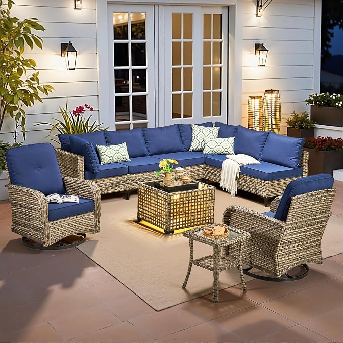 CAODOC Outdoor Sectional Patio Furniture Set,10 Pieces Wicker Conversation Sets L Shaped Couch,Out Door Sofa Outside Furniture with Swivel Chairs,Blue