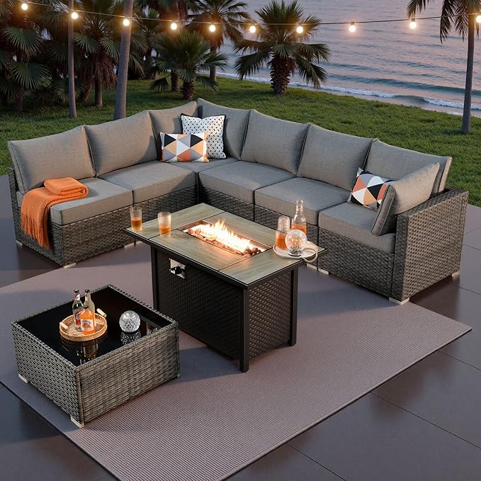 ovios Outdoor 8 Piece Patio Furniture Set with Fire Pit Table,Conversation Sectional Wicker Couch with Coffee Table,Modern Outside Sofa for Balcony Backyard, Dark Grey