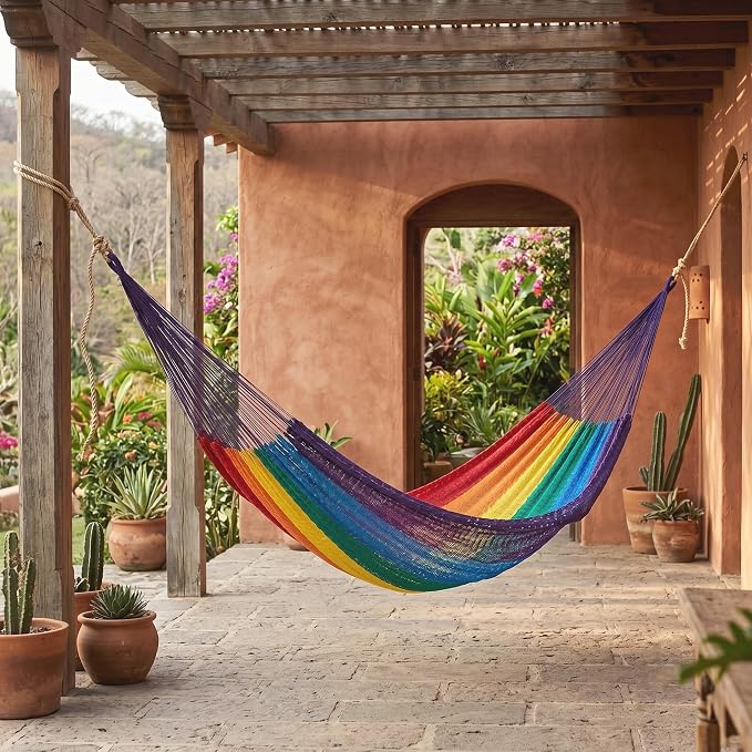 NOVICA Multicolor Rainbow Striped Hand Woven Nylon Mayan 1 Person Rope Hammock, 'Dreaming of Rainbows' (Single)
