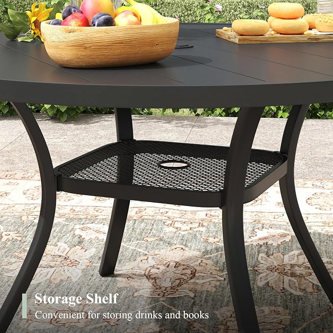 Outdoor Dining Set for 4, 40.6" Metal Round Outdoor Dining Table with Umbrella Hole and Sling Patio Swivel Chairs, 5 Pieces Patio Table and Chairs Set for Garden Backyard, Charcoal and Black