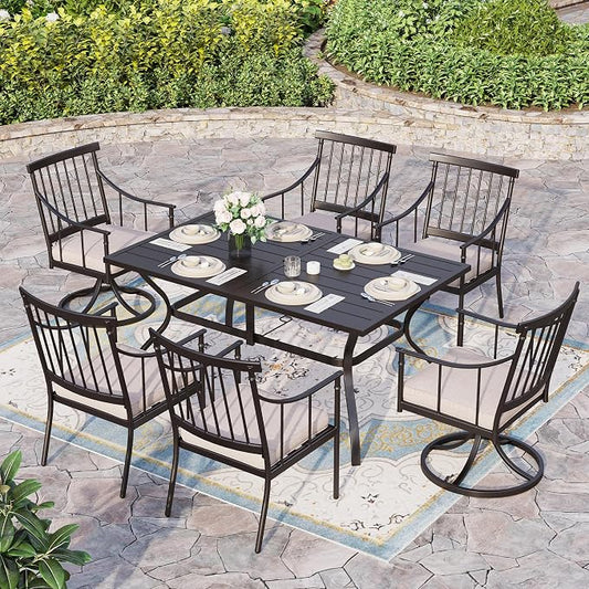 Sophia & William 7-Piece Patio Dining Set, Metal Table, Swivel Chairs | Cushions, Umbrella Hole, Fixed & Swivel Chair,60"* 38"table, 300 lbs Chair Capacity