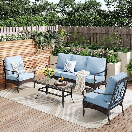PHI VILLA Outdoor Modern Patio Furniture Set, Upgraded Wicker & Metal Patio Furniture Conversation Set with Waterproof Thick Cushions for Porch, Poolside, Yard (4 Pieces,Blue)