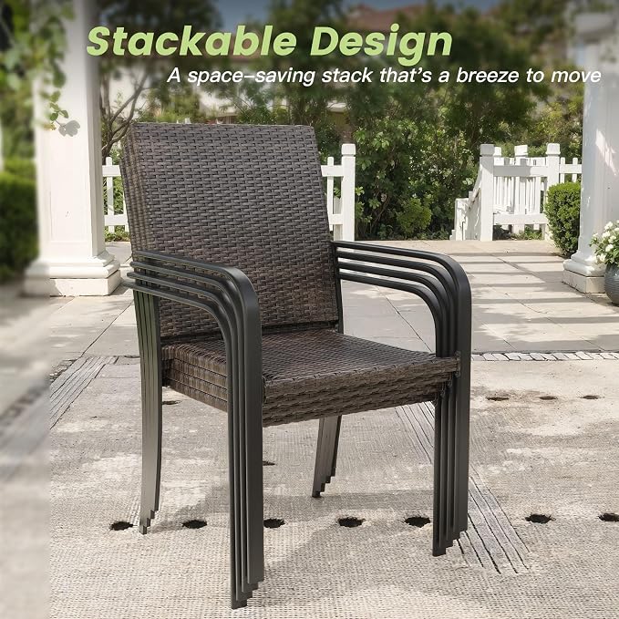 Outdoor Dining Set for 4, 40.2" Metal Square Outdoor Dining Table with Umbrella Hole and Wicker Stackable Patio Chairs, 5 Pieces Patio Table and Chairs Set for Garden Backyard, Walnut