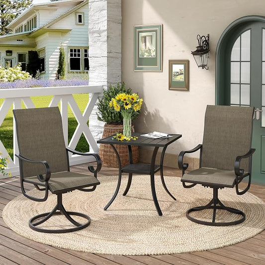 DIFY 3 Pieces Outdoor Patio Dining Set for 2, 27.6" Small Black Square Metal Dining Table and 2 Brown Swivel Patio Dining Chairs, Outdoor Table and Chairs for Backyard Porch Poolside