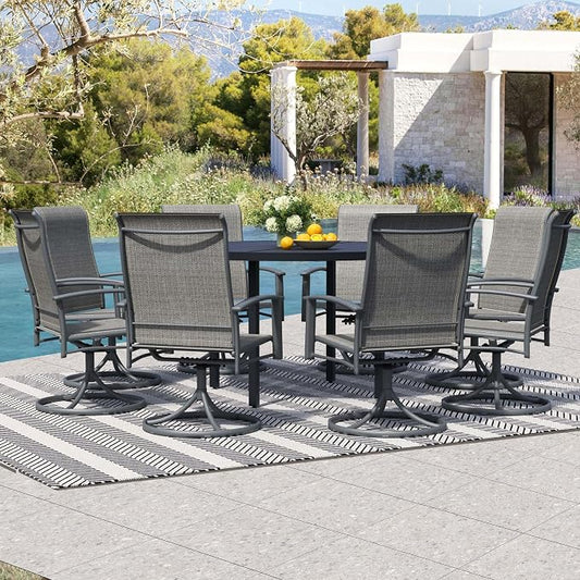 9-Piece Outdoor Dining Set for 8 – 60" Black Round Outdoor Table with Umbrella Hole & 8 Grey Patio Swivel Chairs, All-Weather Patio Furniture