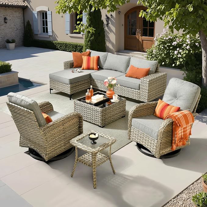 ovios 8-Piece Patio Furniture Set with L-Shape Sofa Chaise, Outdoor Sectional Couch Swivel Gliders, Modern Modular Wicker Rattan Conversation Set, Dark Grey